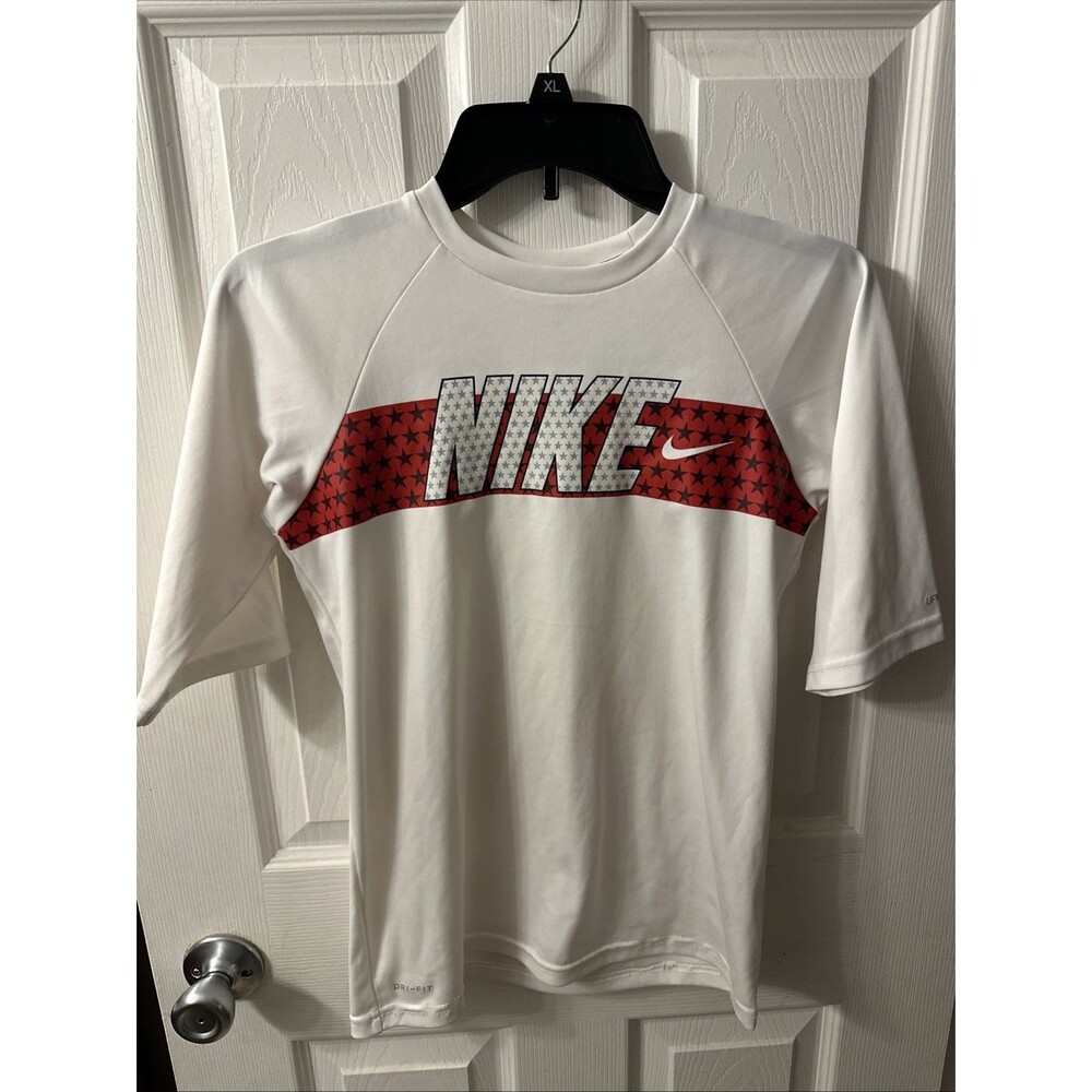 Nike Boys L Swim Shirt Dri Fit Short Sleeve Graphic White Red Rash Guard Logo